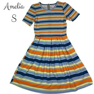 LuLaRoe Amelia Dress Small‎ NWT Striped Short Sleeve Pleated Fit Flare Midi Blue